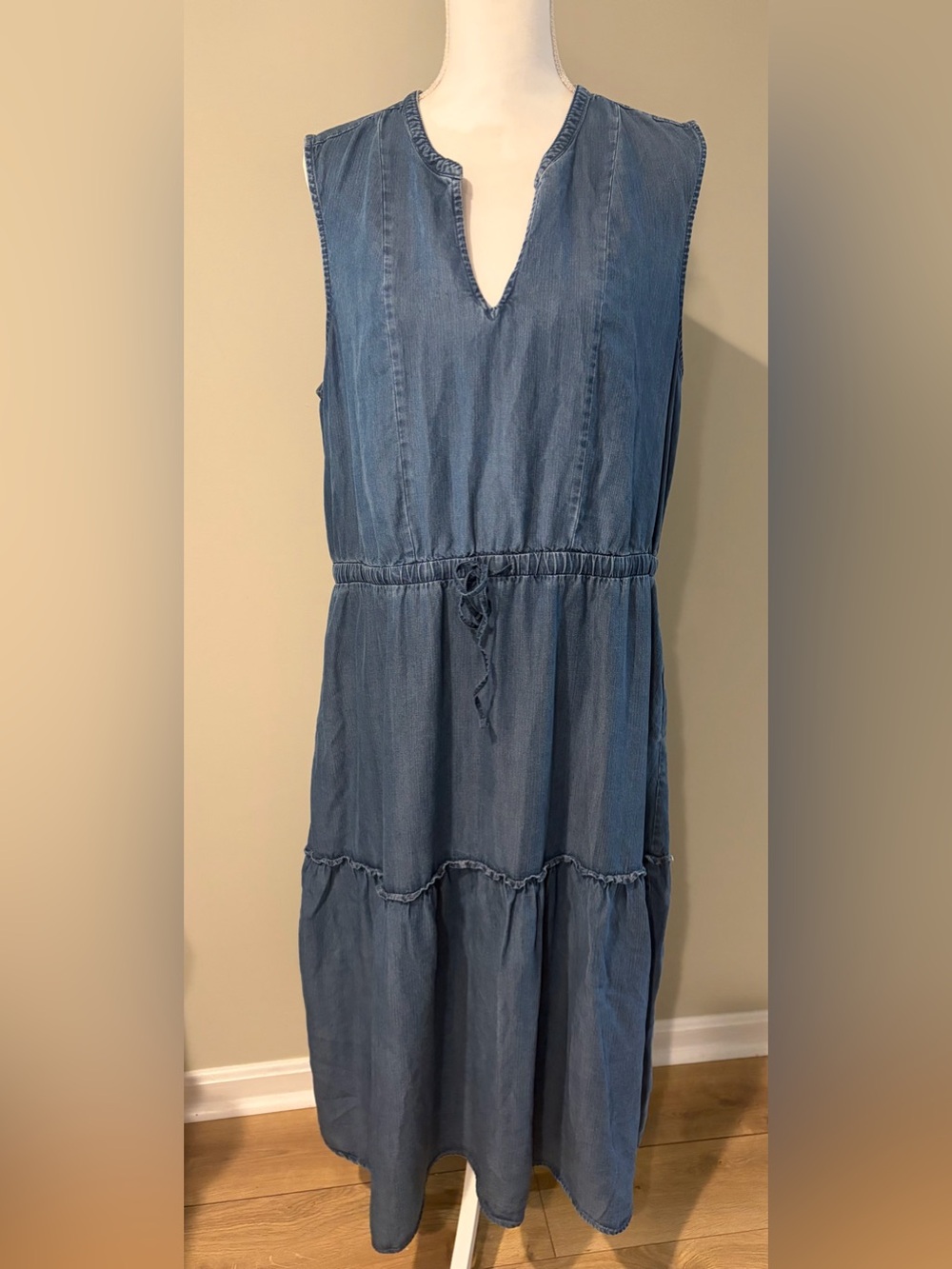 Lands' End Women's Lyocell Chambray Tiered Midi Dress - Size XL